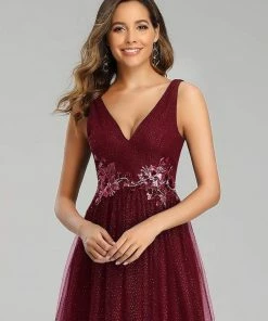 Ever-Pretty US SHOP BY OCCASION Elegant Deep Double V Neck Tulle Evening Dress With Appliques