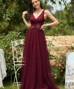 Ever-Pretty US SHOP BY OCCASION Elegant Deep Double V Neck Tulle Evening Dress With Appliques