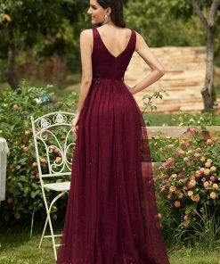 Ever-Pretty US SHOP BY OCCASION Elegant Deep Double V Neck Tulle Evening Dress With Appliques