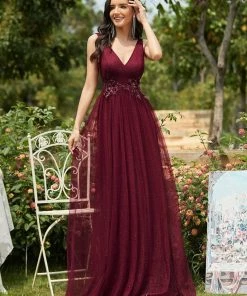 Ever-Pretty US SHOP BY OCCASION Elegant Deep Double V Neck Tulle Evening Dress With Appliques
