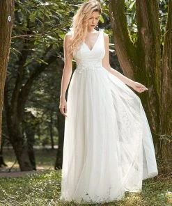 Ever-Pretty US SHOP BY OCCASION Elegant Deep Double V Neck Tulle Evening Dress With Appliques