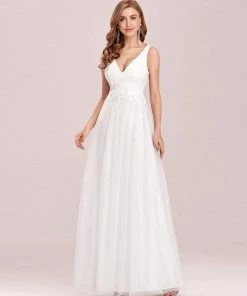 Ever-Pretty US SHOP BY OCCASION Elegant Deep Double V Neck Tulle Evening Dress With Appliques