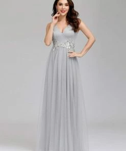 Ever-Pretty US SHOP BY OCCASION Elegant Deep Double V Neck Tulle Evening Dress With Appliques