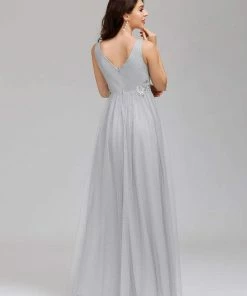 Ever-Pretty US SHOP BY OCCASION Elegant Deep Double V Neck Tulle Evening Dress With Appliques
