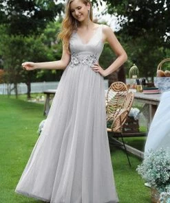 Ever-Pretty US SHOP BY OCCASION Elegant Deep Double V Neck Tulle Evening Dress With Appliques