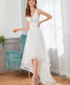 Ever-Pretty US Fashion Sequin Appliques High-Low Tulle Elopement Dress For Wedding Summer Dresses 2022