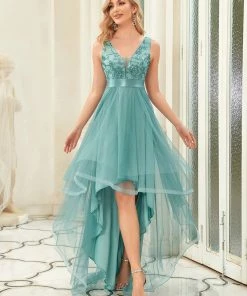 Ever-Pretty US Fashion High-Low Deep V Neck Tulle Prom Dresses With Sequin Appliques SHOP BY OCCASION