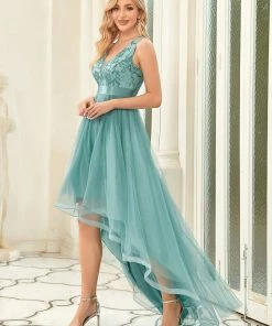 Ever-Pretty US Fashion High-Low Deep V Neck Tulle Prom Dresses With Sequin Appliques SHOP BY OCCASION