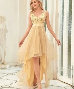 Ever-Pretty US Fashion High-Low Deep V Neck Tulle Prom Dresses With Sequin Appliques SHOP BY OCCASION
