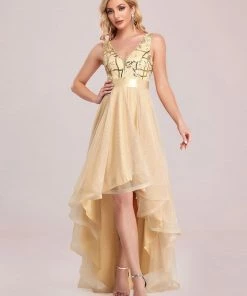 Ever-Pretty US Fashion High-Low Deep V Neck Tulle Prom Dresses With Sequin Appliques SHOP BY OCCASION