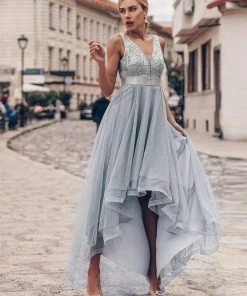 Ever-Pretty US Fashion High-Low Deep V Neck Tulle Prom Dresses With Sequin Appliques SHOP BY OCCASION