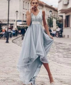 Ever-Pretty US Fashion High-Low Deep V Neck Tulle Prom Dresses With Sequin Appliques SHOP BY OCCASION