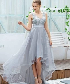 Ever-Pretty US Fashion High-Low Deep V Neck Tulle Prom Dresses With Sequin Appliques SHOP BY OCCASION