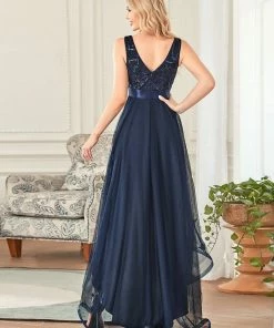 Ever-Pretty US Fashion High-Low Deep V Neck Tulle Prom Dresses With Sequin Appliques SHOP BY OCCASION