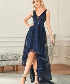 Ever-Pretty US Fashion High-Low Deep V Neck Tulle Prom Dresses With Sequin Appliques SHOP BY OCCASION