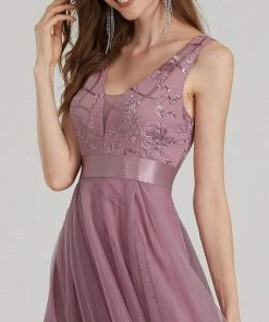 Ever-Pretty US Fashion High-Low Deep V Neck Tulle Prom Dresses With Sequin Appliques SHOP BY OCCASION