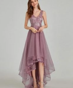 Ever-Pretty US Fashion High-Low Deep V Neck Tulle Prom Dresses With Sequin Appliques SHOP BY OCCASION