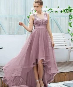Ever-Pretty US Fashion High-Low Deep V Neck Tulle Prom Dresses With Sequin Appliques SHOP BY OCCASION