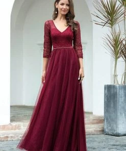 Ever-Pretty US SHOP BY OCCASION Women's V Neck 3/4 Sleeves Lace Wedding Guest Dress