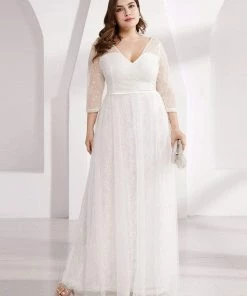 Ever-Pretty US Women's V Neck 3/4 Sleeves Casual Lace Wedding Dress Summer Dresses 2022