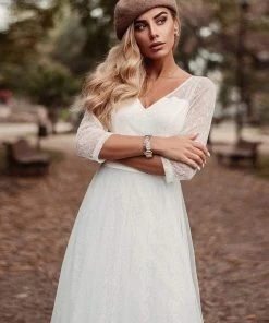 Ever-Pretty US Women's V Neck 3/4 Sleeves Casual Lace Wedding Dress Summer Dresses 2022