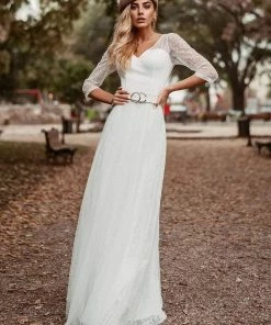 Ever-Pretty US Women's V Neck 3/4 Sleeves Casual Lace Wedding Dress Summer Dresses 2022