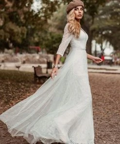 Ever-Pretty US Women's V Neck 3/4 Sleeves Casual Lace Wedding Dress Summer Dresses 2022
