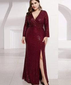 Ever-Pretty US Shiny V Neck Plus Size Long Sleeve Sequin Formal Evening Dress SHOP BY OCCASION