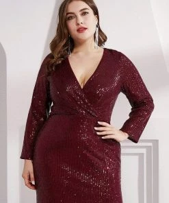 Ever-Pretty US Shiny V Neck Plus Size Long Sleeve Sequin Formal Evening Dress SHOP BY OCCASION