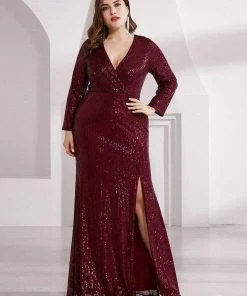 Ever-Pretty US Shiny V Neck Plus Size Long Sleeve Sequin Formal Evening Dress SHOP BY OCCASION