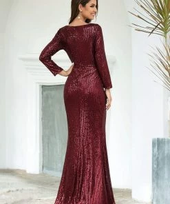 Ever-Pretty US SHOP BY OCCASION Shiny V Neck Sequin Long Sleeves Evening Dress