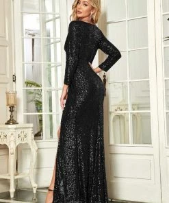 Ever-Pretty US SHOP BY OCCASION Shiny V Neck Sequin Long Sleeves Evening Dress