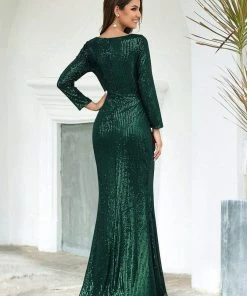 Ever-Pretty US SHOP BY OCCASION Shiny V Neck Sequin Long Sleeves Evening Dress