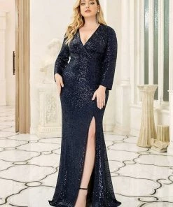 Ever-Pretty US Shiny V Neck Plus Size Long Sleeve Sequin Formal Evening Dress SHOP BY OCCASION