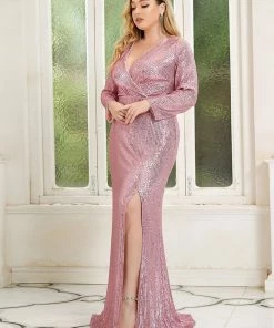 Ever-Pretty US Shiny V Neck Plus Size Long Sleeve Sequin Formal Evening Dress SHOP BY OCCASION