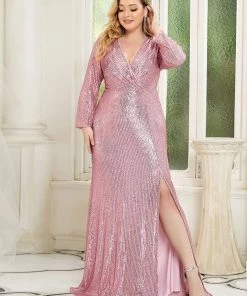 Ever-Pretty US Shiny V Neck Plus Size Long Sleeve Sequin Formal Evening Dress SHOP BY OCCASION
