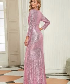 Ever-Pretty US SHOP BY OCCASION Shiny V Neck Sequin Long Sleeves Evening Dress