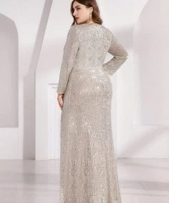 Ever-Pretty US SHOP BY OCCASION Shiny V Neck Sequin Long Sleeves Evening Dress