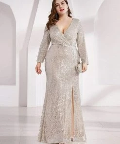 Ever-Pretty US Shiny V Neck Plus Size Long Sleeve Sequin Formal Evening Dress SHOP BY OCCASION