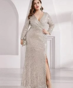 Ever-Pretty US Shiny V Neck Plus Size Long Sleeve Sequin Formal Evening Dress SHOP BY OCCASION