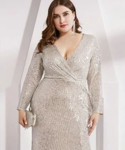 Ever-Pretty US SHOP BY OCCASION Shiny V Neck Sequin Long Sleeves Evening Dress