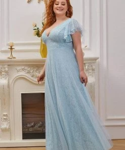 Ever-Pretty US Custom Size Double V Neck Long Lace Evening Dress With Ruffle Sleeves Summer Dresses 2022