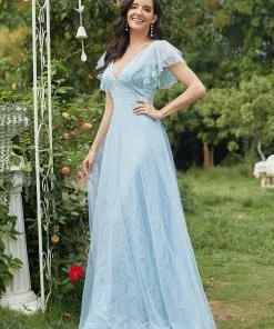 Ever-Pretty US Double V Neck Long Lace Evening Dress With Ruffle Sleeves SHOP BY OCCASION