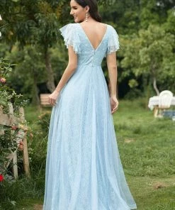 Ever-Pretty US Custom Size Double V Neck Long Lace Evening Dress With Ruffle Sleeves Summer Dresses 2022