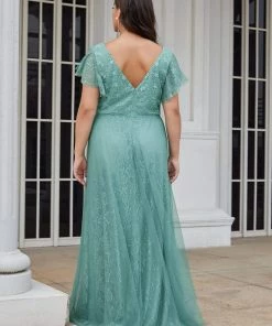 Ever-Pretty US Custom Size Double V Neck Long Lace Evening Dress With Ruffle Sleeves Summer Dresses 2022