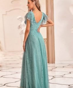 Ever-Pretty US Custom Size Double V Neck Long Lace Evening Dress With Ruffle Sleeves Summer Dresses 2022