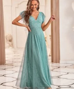 Ever-Pretty US Double V Neck Long Lace Evening Dress With Ruffle Sleeves SHOP BY OCCASION