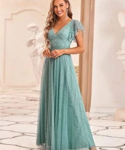 Ever-Pretty US Double V Neck Long Lace Evening Dress With Ruffle Sleeves SHOP BY OCCASION