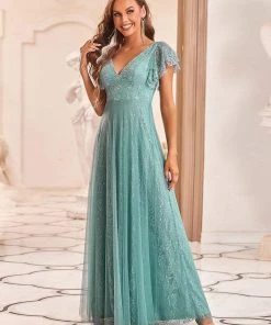 Ever-Pretty US Custom Size Double V Neck Long Lace Evening Dress With Ruffle Sleeves Summer Dresses 2022