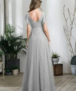 Ever-Pretty US Custom Size Double V Neck Long Lace Evening Dress With Ruffle Sleeves Summer Dresses 2022